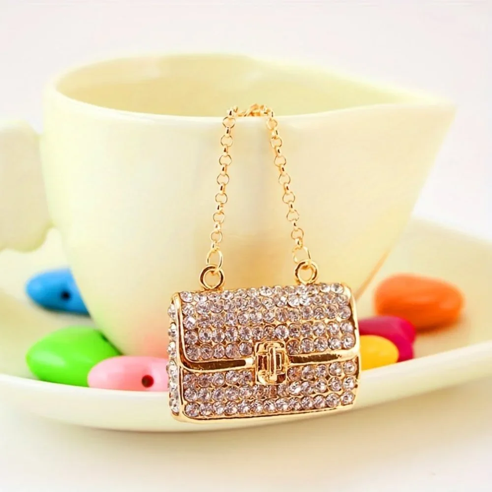 Rhinestone Decor Chain Bag Design Keychain Gorgeous Sparkling Metal Key Ring Bag